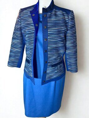 Tahari Blue Sheath Dress w/Matching Jacket Set Size 12/14 Polished Career Wear